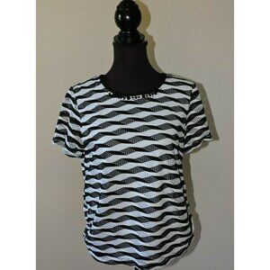 Alfred Dunner Blouse Black White Striped Ruched Sides Short Sleeved Casual Small